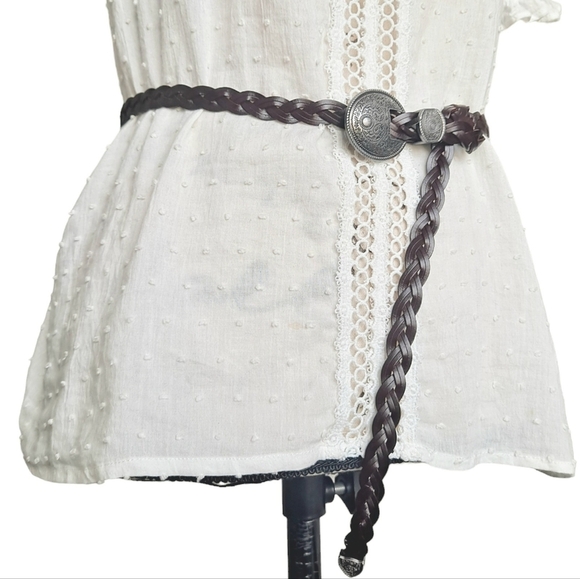 Western genuine braided leather waist belt thin dark Brown Boho metal buckle New - Picture 5 of 12